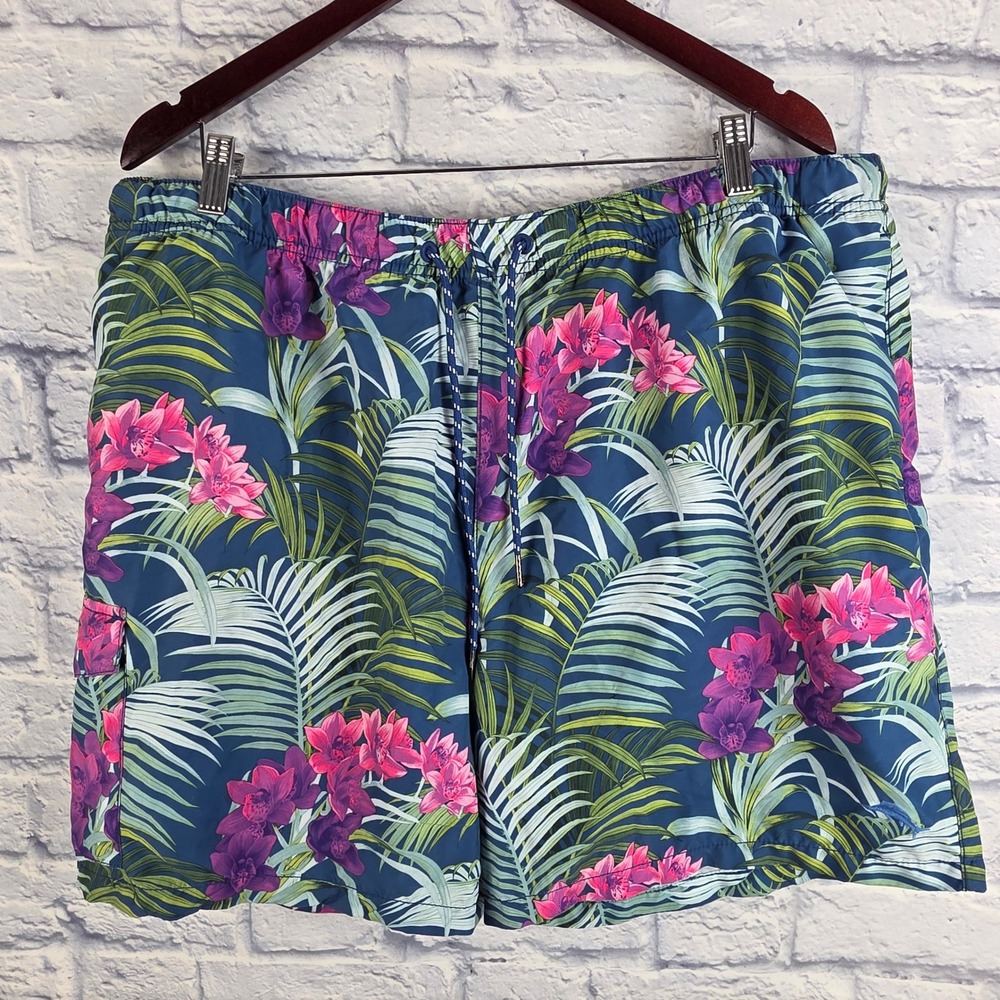 Tommy Bahama Relax‎ Men Tropical Floral Palm Print Swim Trunks Blue Pink 2XL - Picture 2 of 7